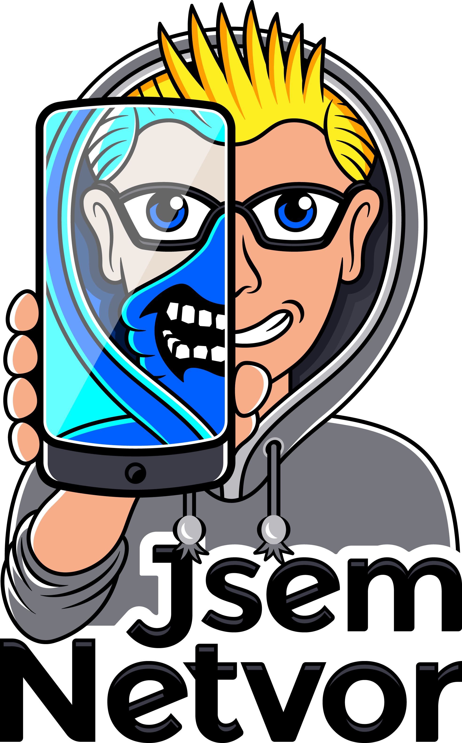 Logo: Jsem Netvor. Na obrázku je osoba, která ukazuje mobilní telefon. Telefon překrývá polovinu obličeje.